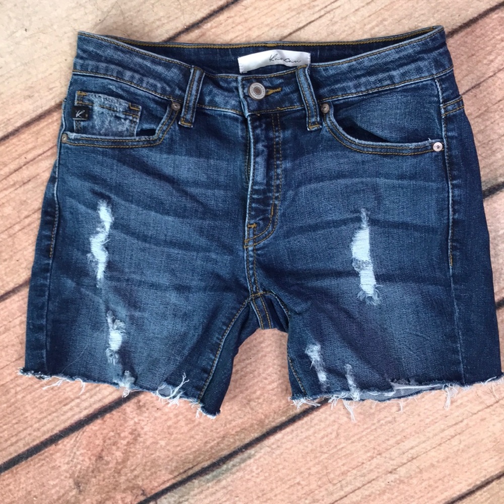 KanCan cut off destressed dark wash jean shorts
